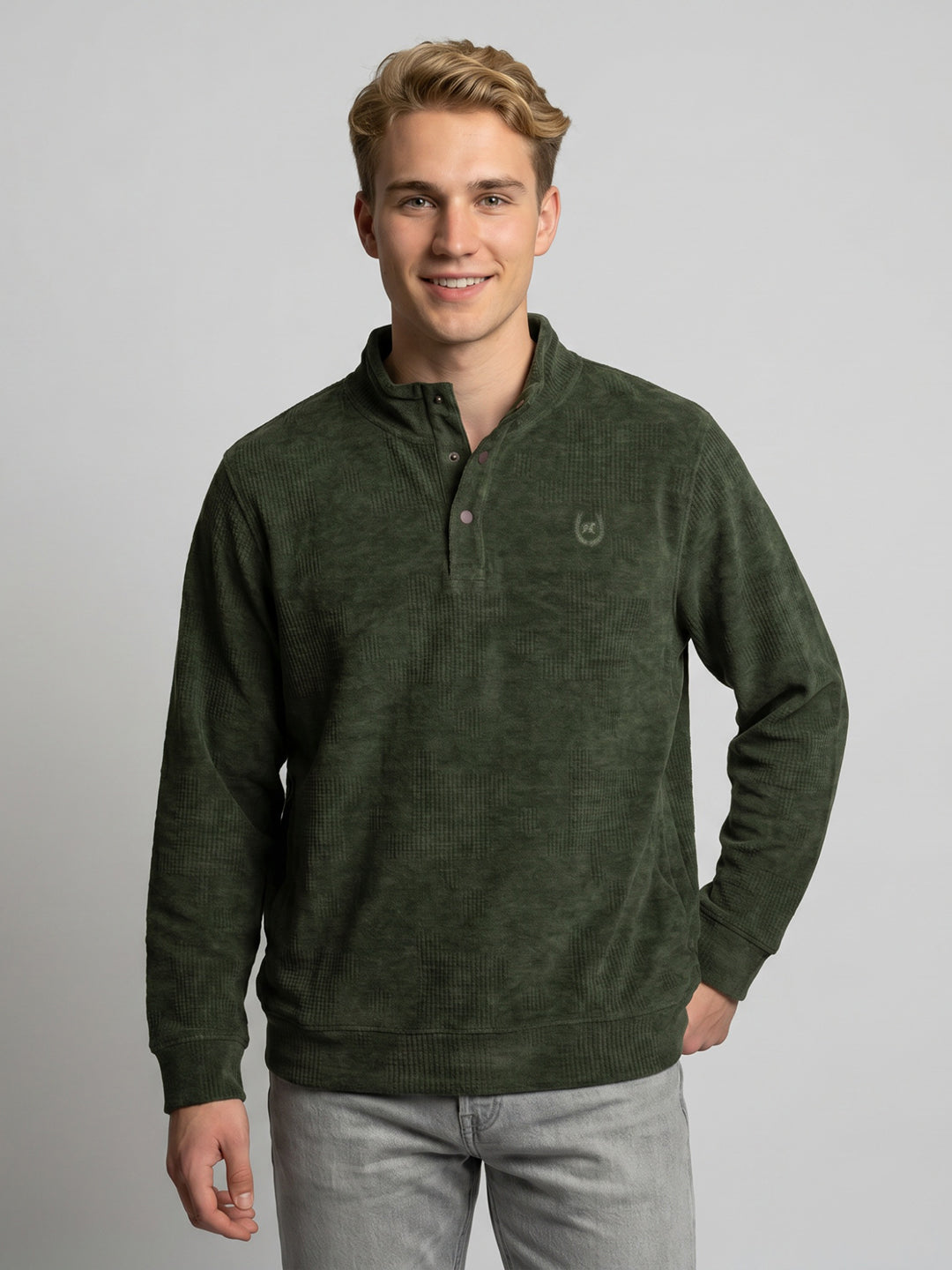 Men Green Self Design Mock Neck Full Sleeve Sweatshirt