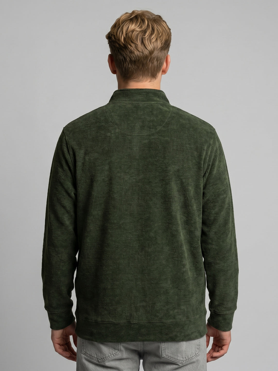Men Green Self Design Mock Neck Full Sleeve Sweatshirt