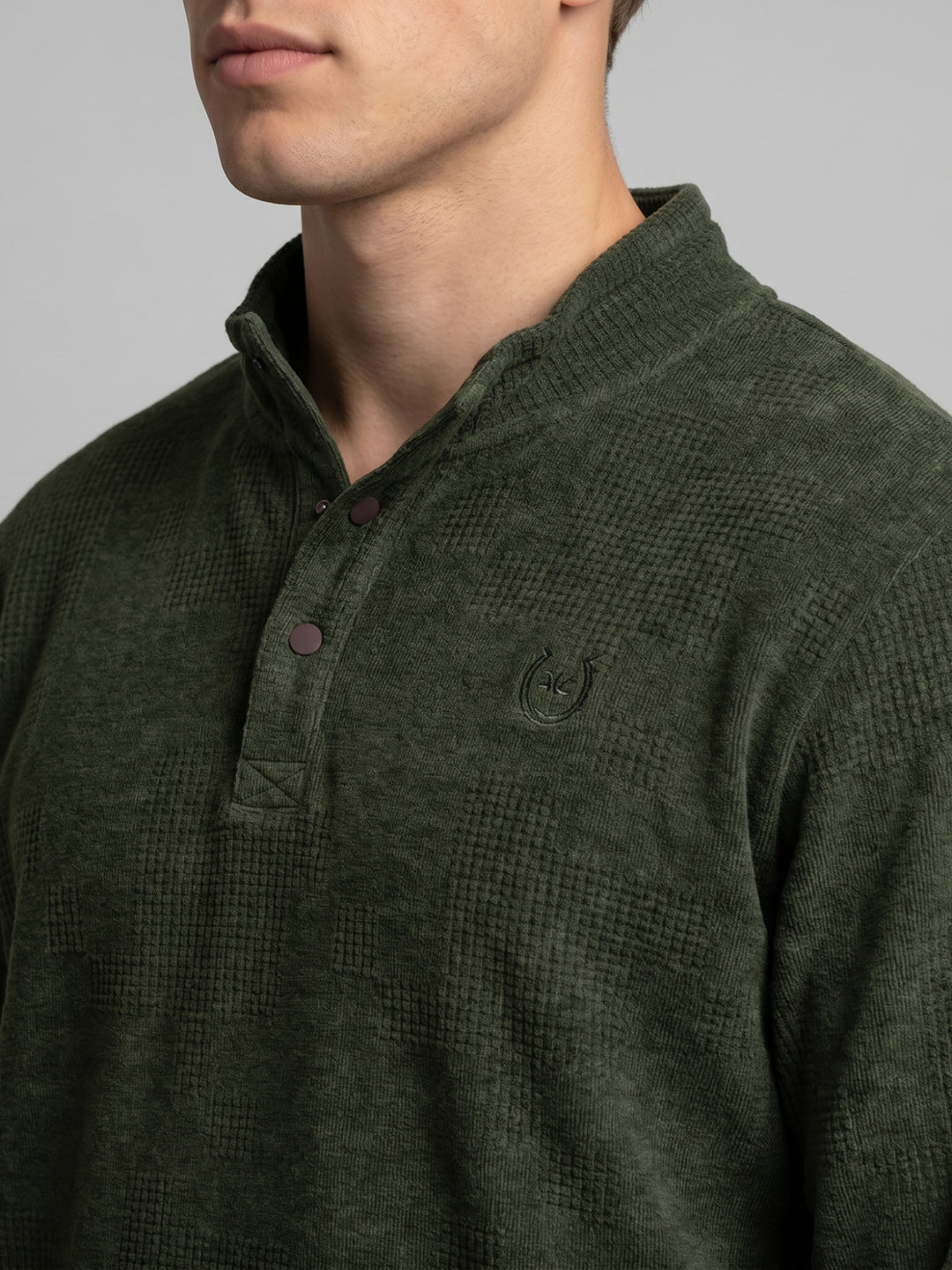 Men Green Self Design Mock Neck Full Sleeve Sweatshirt