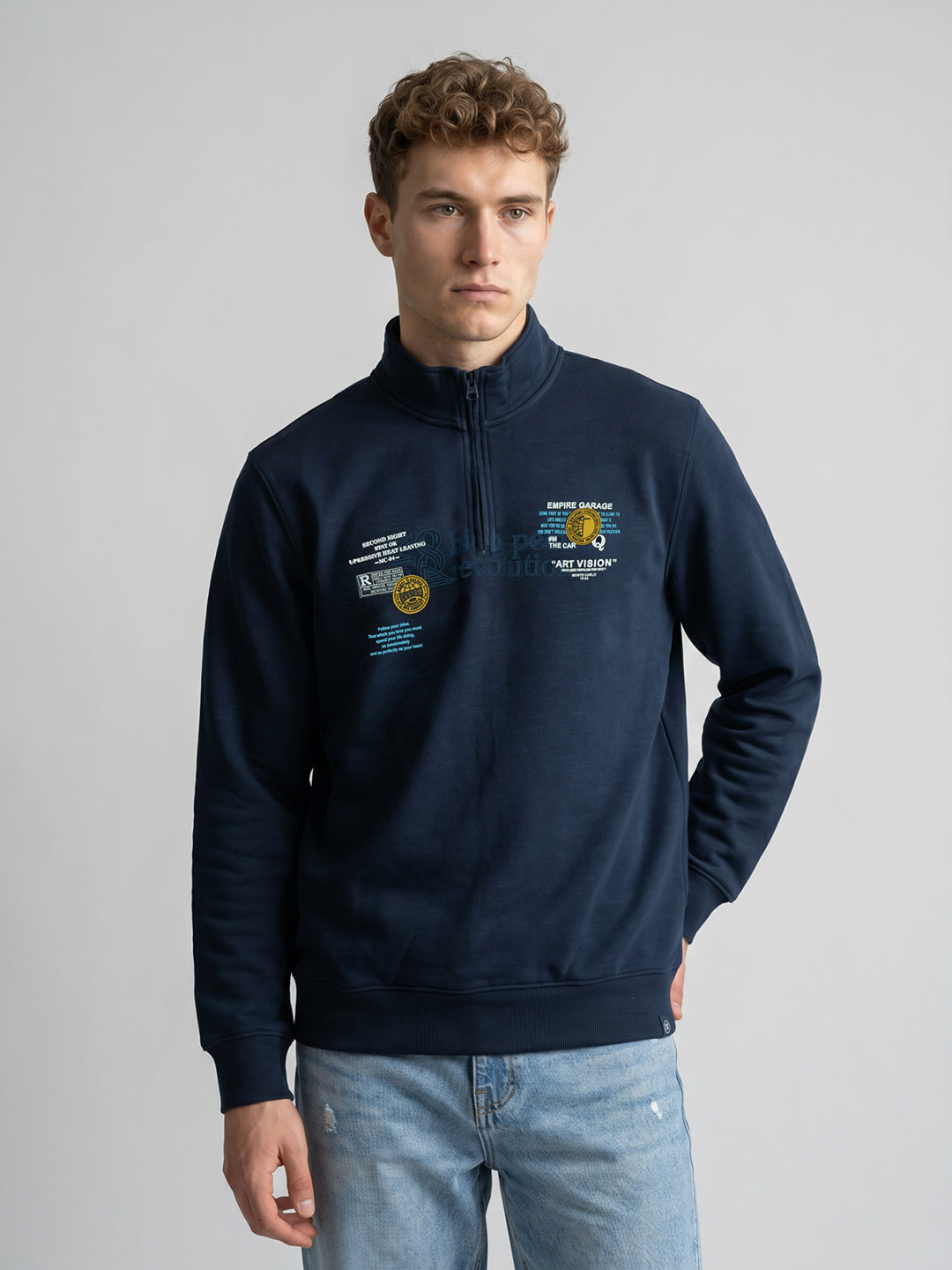 Men Blue Printed Turtle Neck Full Sleeve Sweatshirt