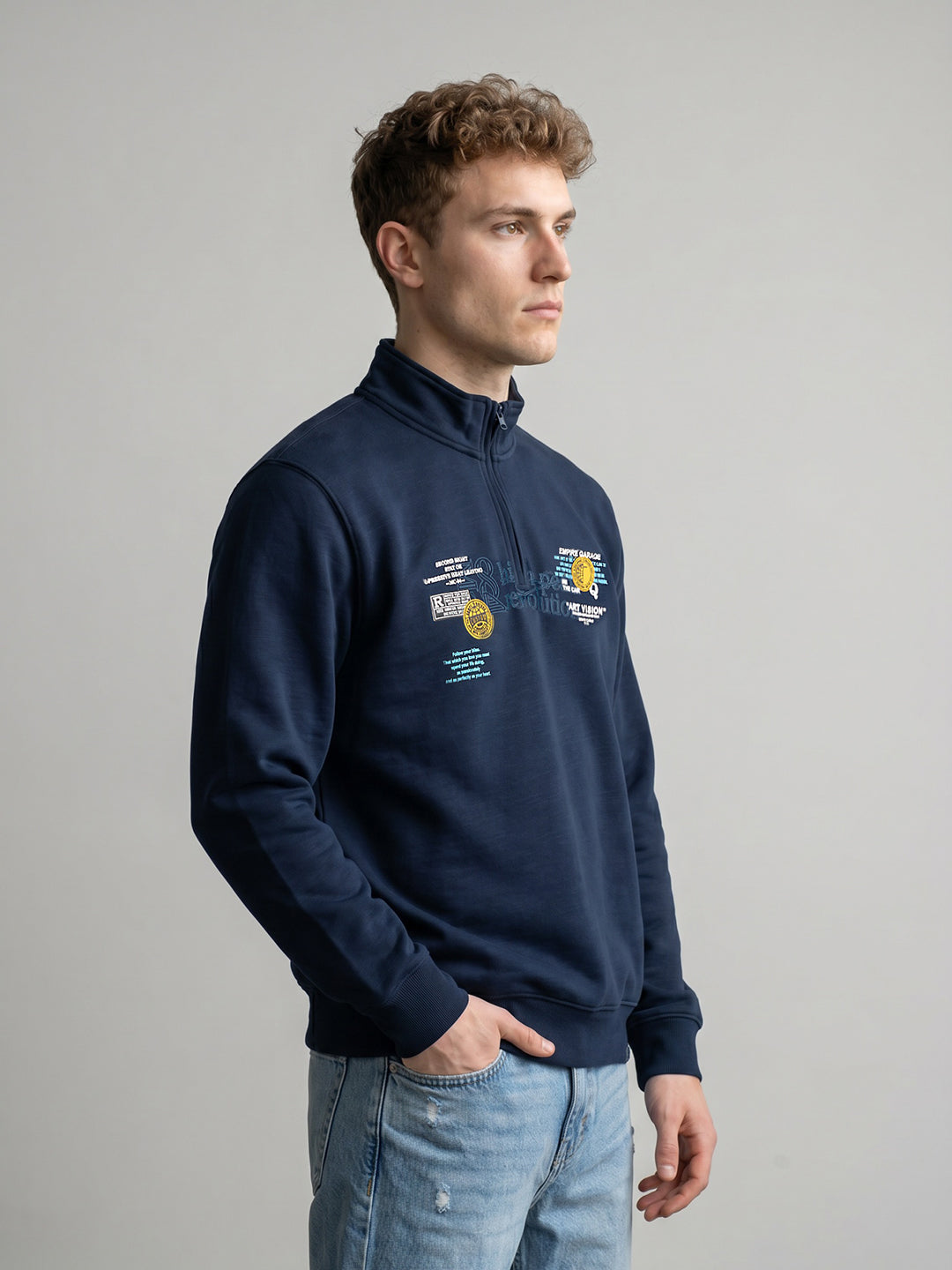 Men Blue Printed Turtle Neck Full Sleeve Sweatshirt