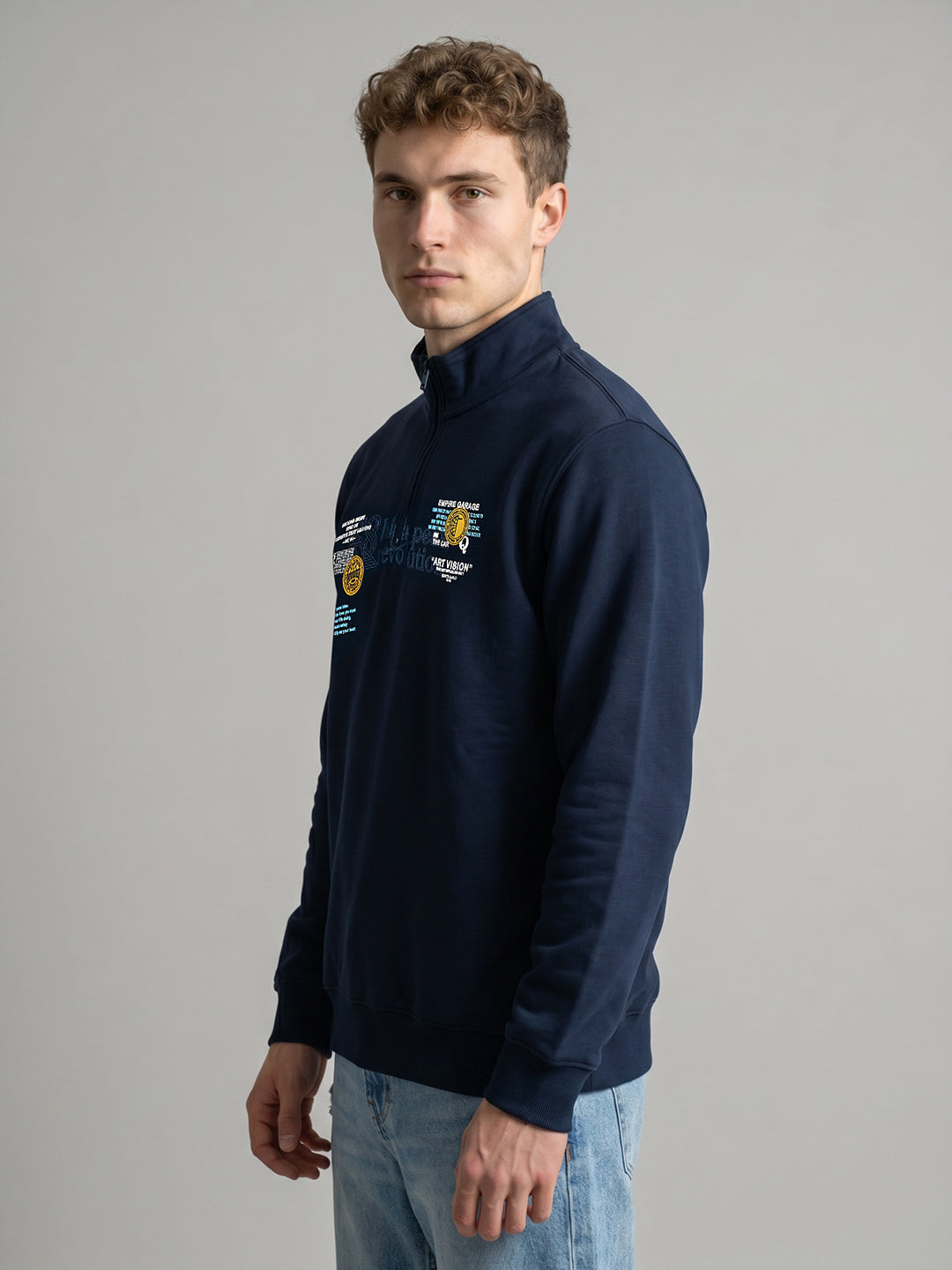 Men Blue Printed Turtle Neck Full Sleeve Sweatshirt