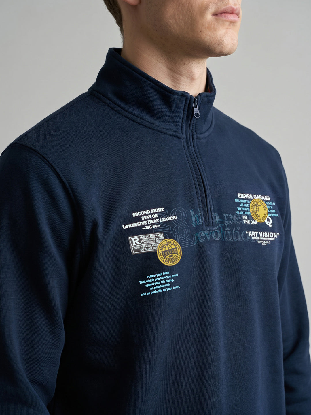 Men Blue Printed Turtle Neck Full Sleeve Sweatshirt