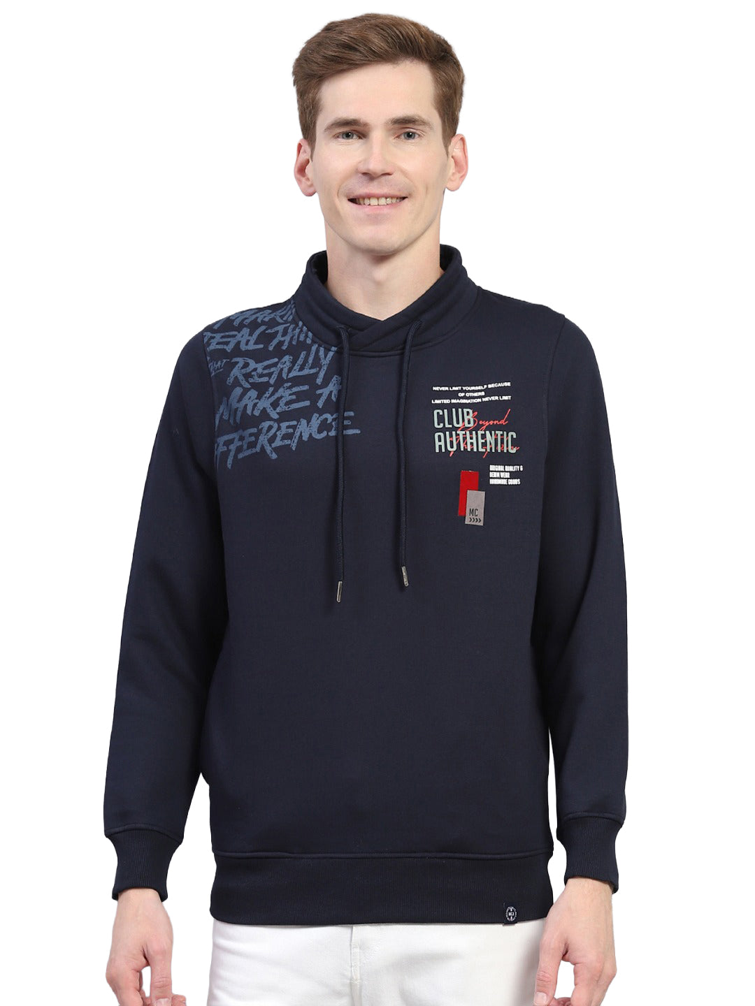 Men Blue Printed Fashion Neck Full Sleeve Sweatshirt