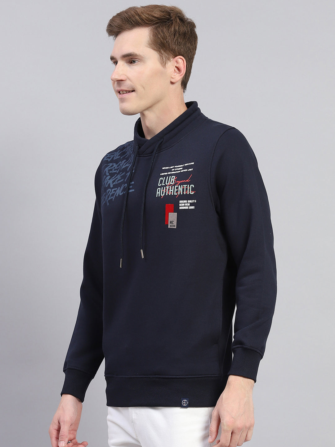 Men Blue Printed Fashion Neck Full Sleeve Sweatshirt