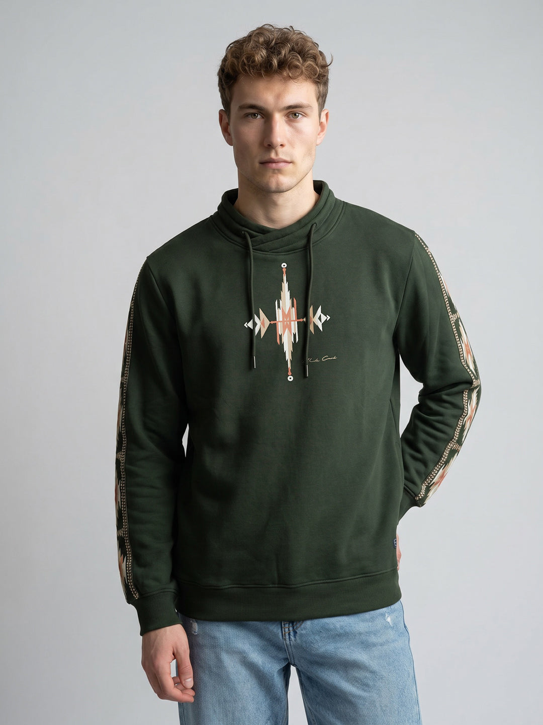Men Olive Printed Overlap Neck Full Sleeve Sweatshirt