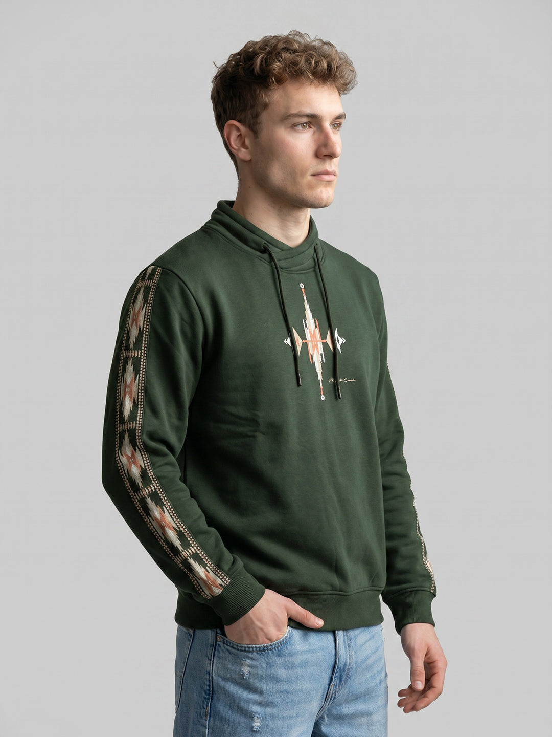 Men Olive Printed Overlap Neck Full Sleeve Sweatshirt