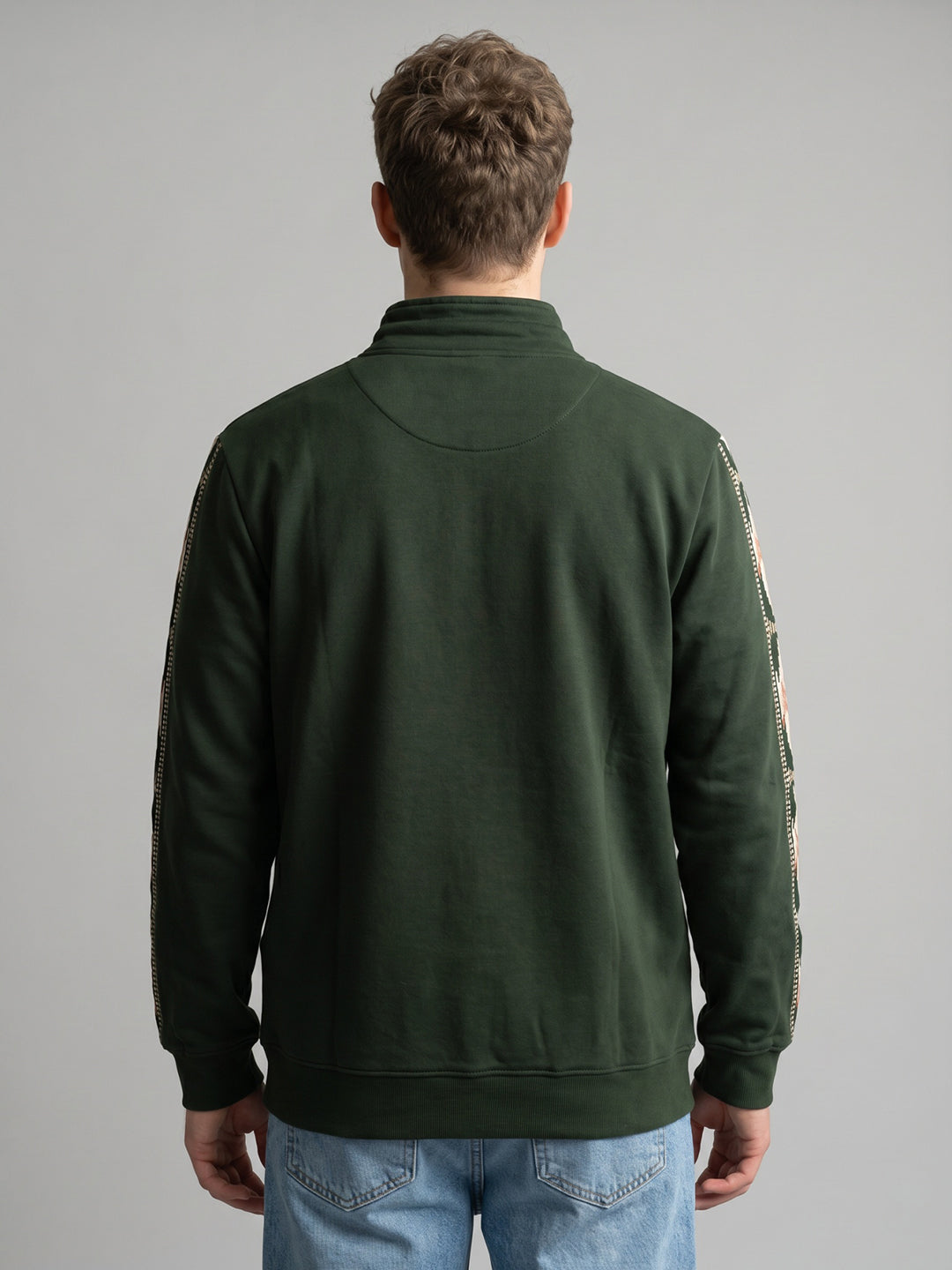 Men Olive Printed Overlap Neck Full Sleeve Sweatshirt