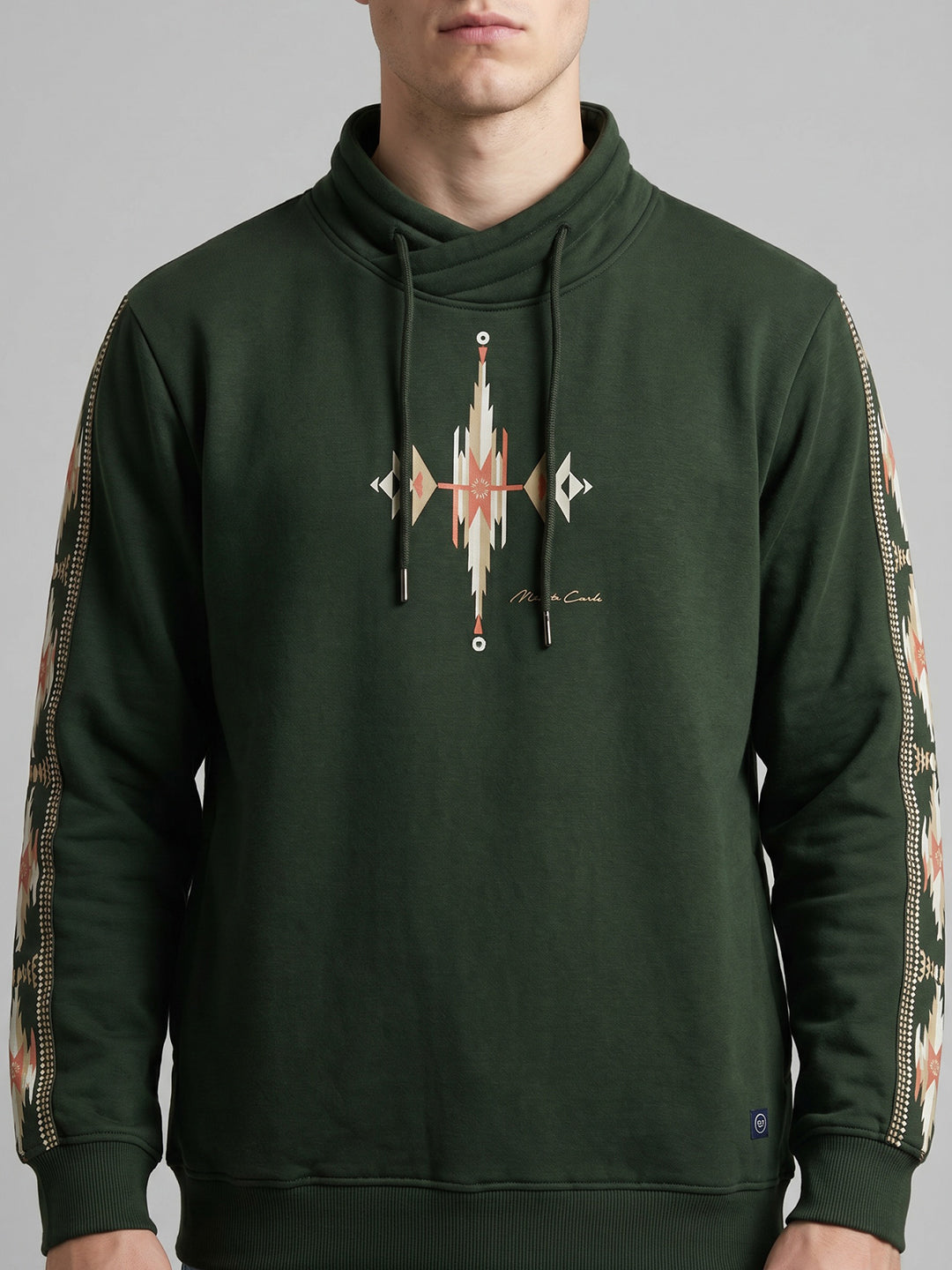 Men Olive Printed Overlap Neck Full Sleeve Sweatshirt