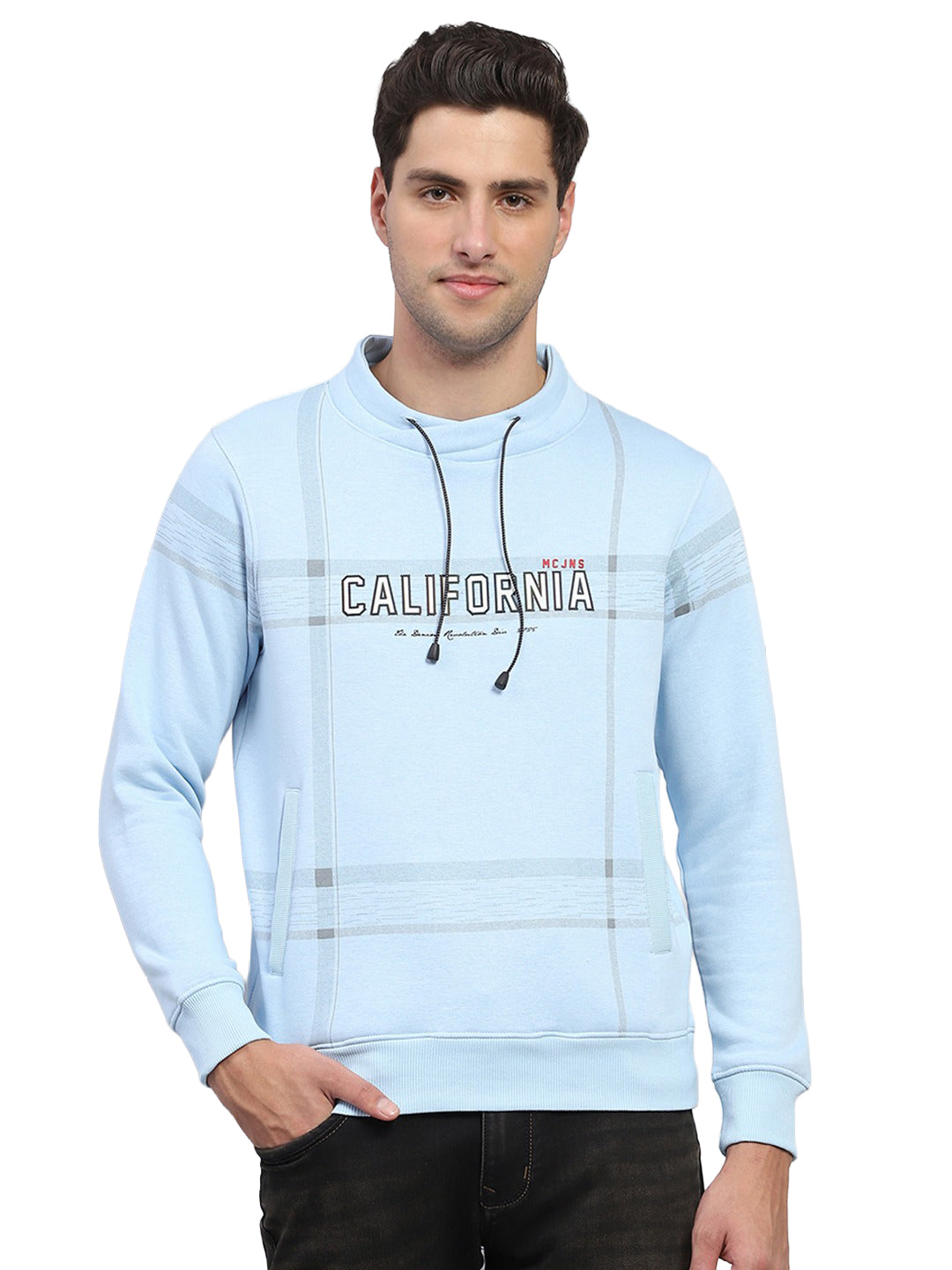 Men Sky Blue Printed Fashion Neck Full Sleeve Sweatshirt