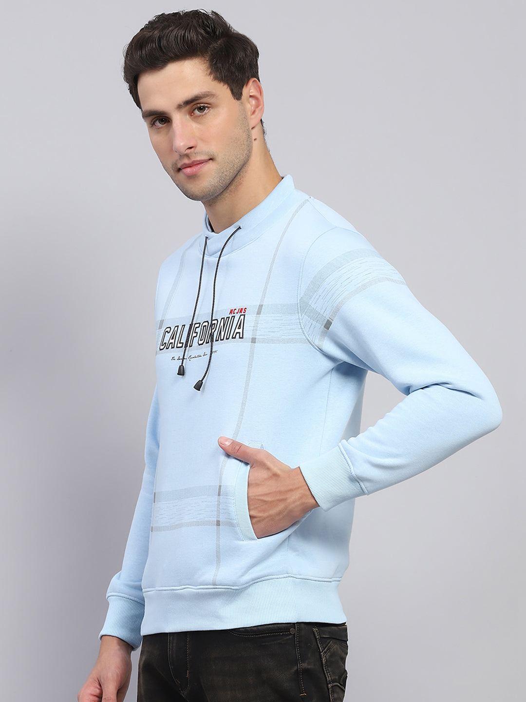 Men Sky Blue Printed Fashion Neck Full Sleeve Sweatshirt