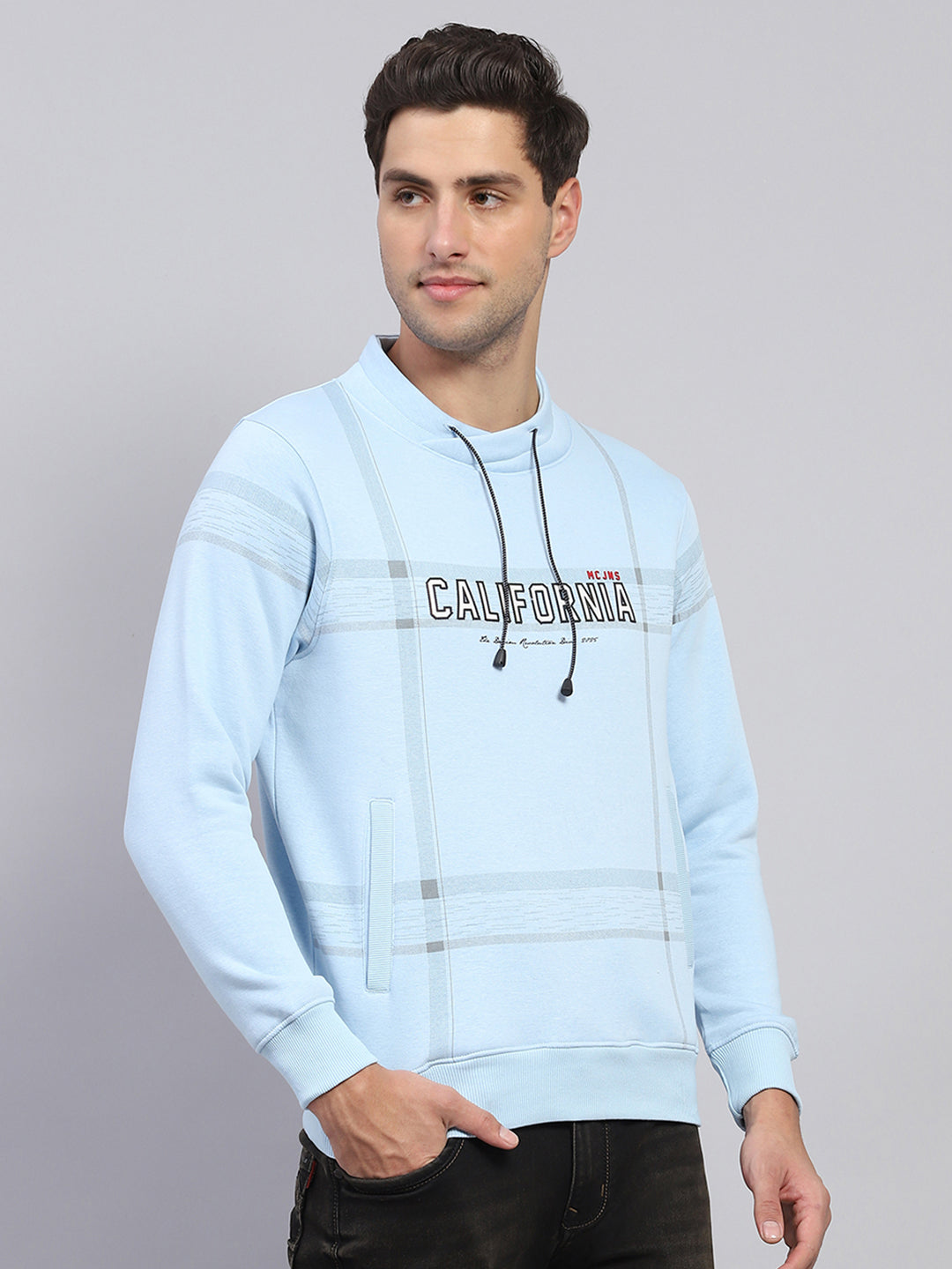 Men Sky Blue Printed Fashion Neck Full Sleeve Sweatshirt