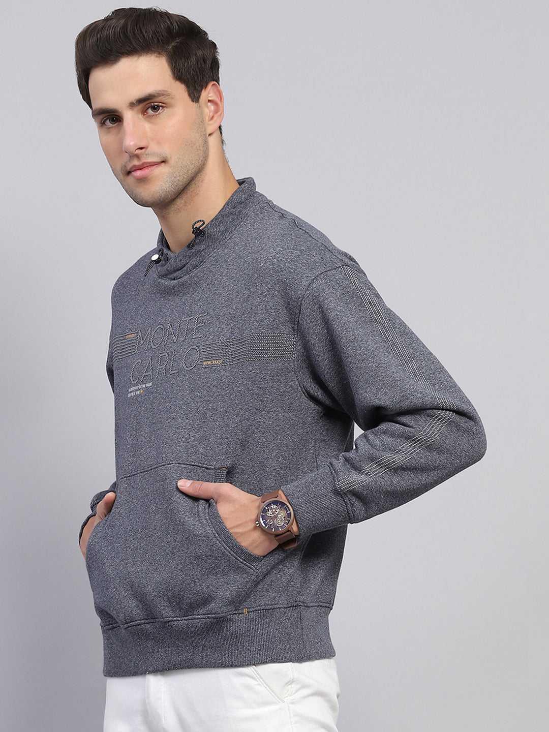 Men Blue Printed Fashion Neck Full Sleeve Sweatshirt