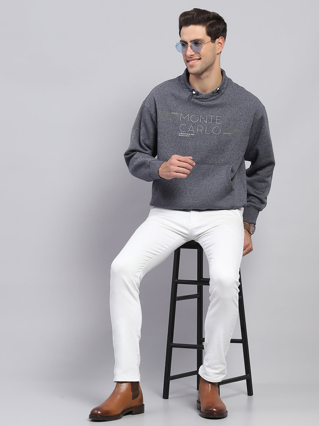 Men Blue Printed Fashion Neck Full Sleeve Sweatshirt
