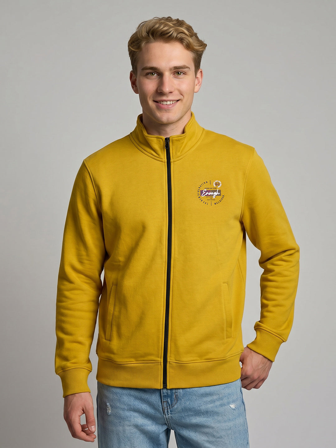 Men Yellow Solid Mock Neck Full Sleeve Sweatshirt