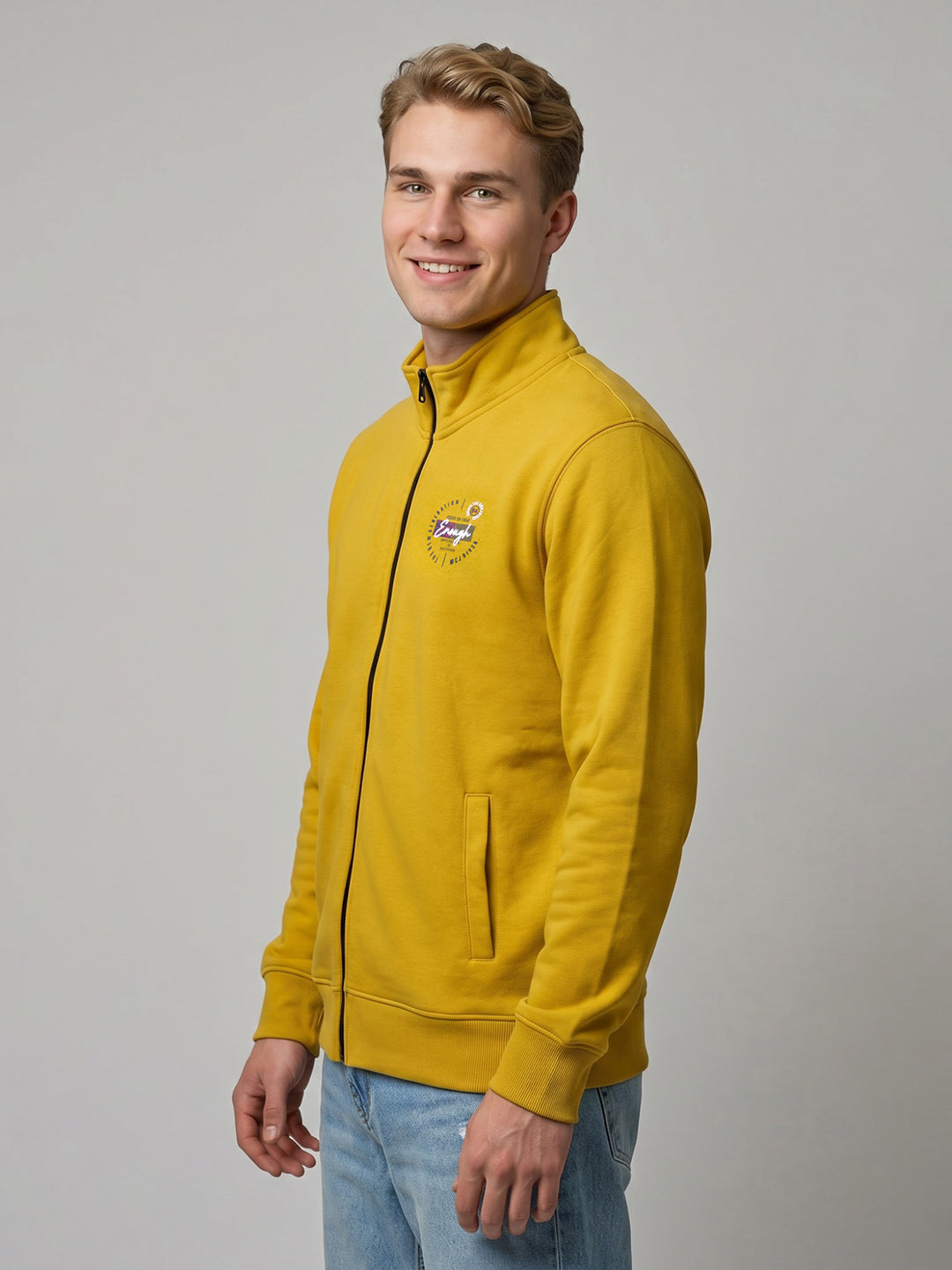 Men Yellow Solid Mock Neck Full Sleeve Sweatshirt
