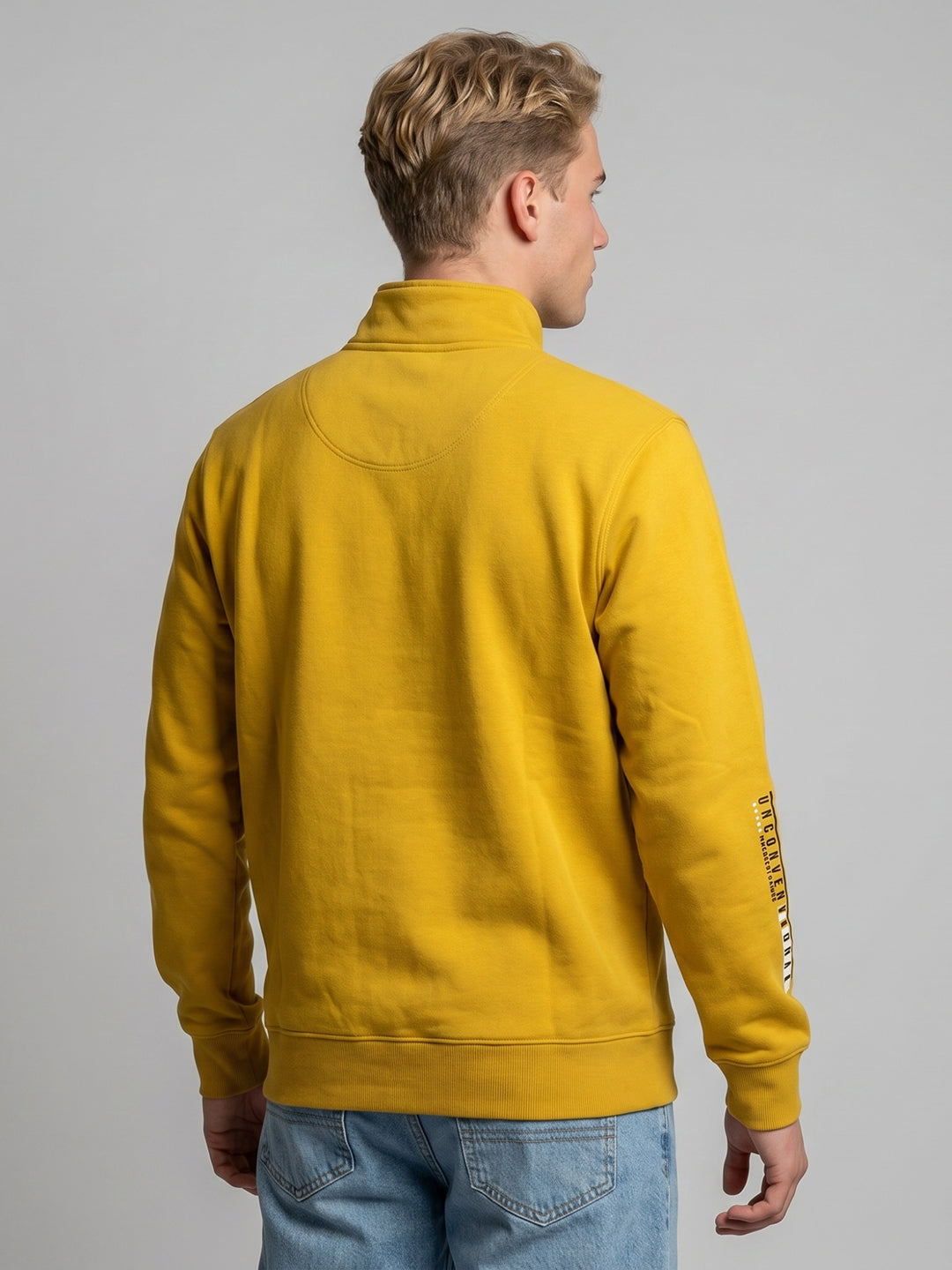 Men Yellow Solid Mock Neck Full Sleeve Sweatshirt