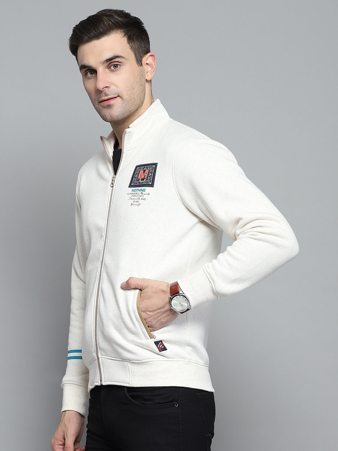 Men Grey Printed Turtle Neck Full Sleeve Sweatshirt