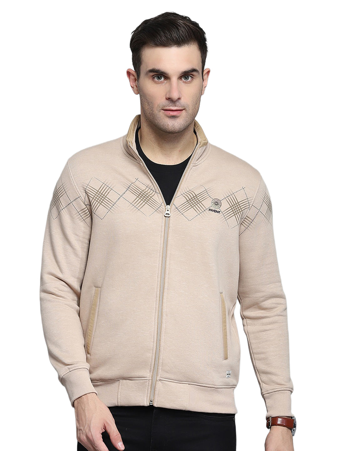 Men Beige Printed Turtle Neck Full Sleeve Sweatshirt