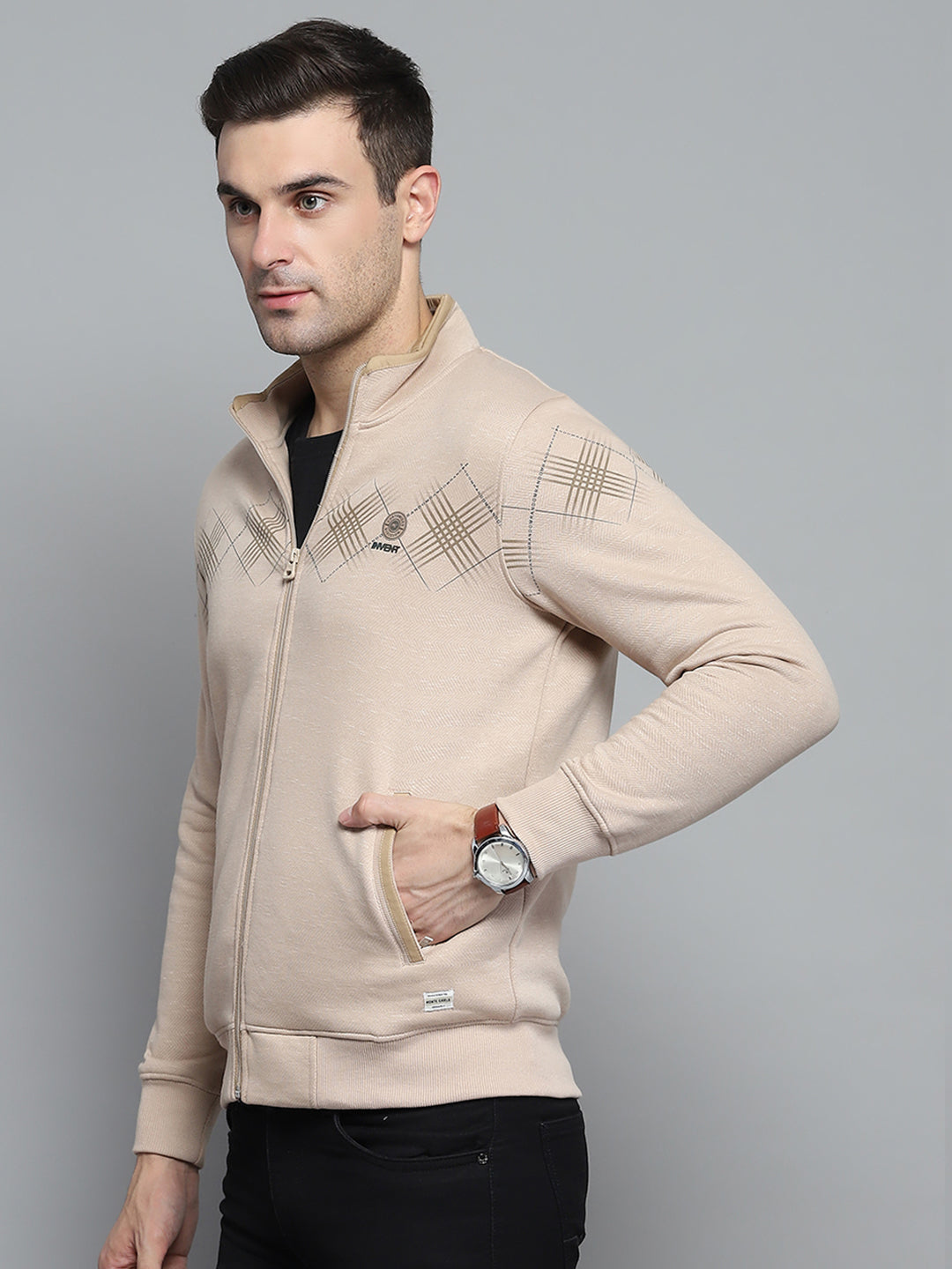Men Beige Printed Turtle Neck Full Sleeve Sweatshirt
