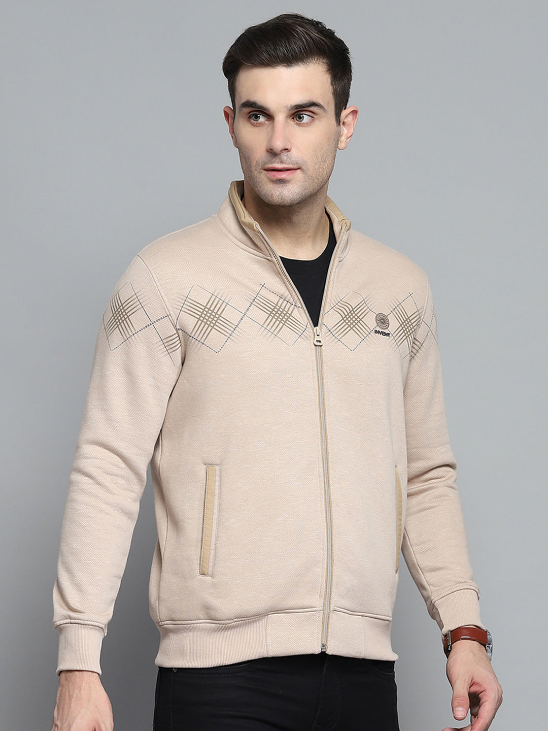 Men Beige Printed Turtle Neck Full Sleeve Sweatshirt