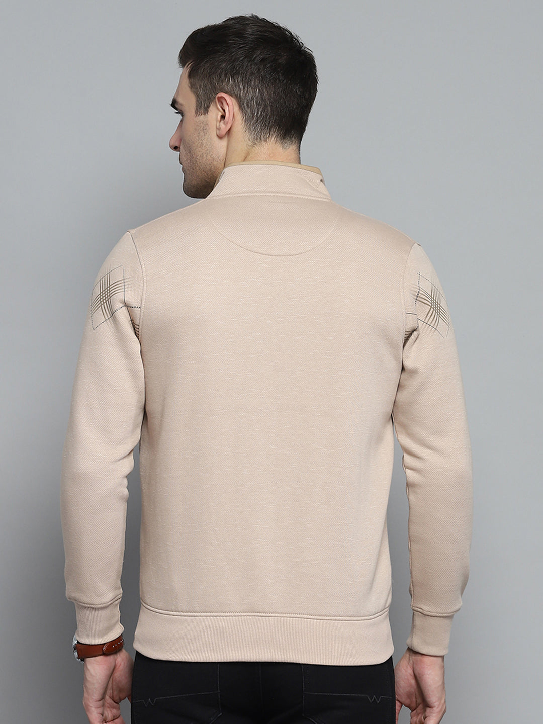 Men Beige Printed Turtle Neck Full Sleeve Sweatshirt