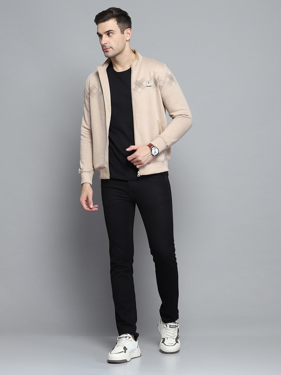 Men Beige Printed Turtle Neck Full Sleeve Sweatshirt