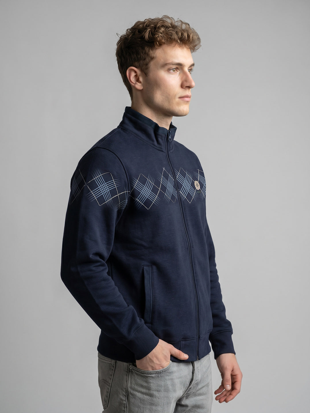 Men Blue Printed Stand Collar Full Sleeve Sweatshirt