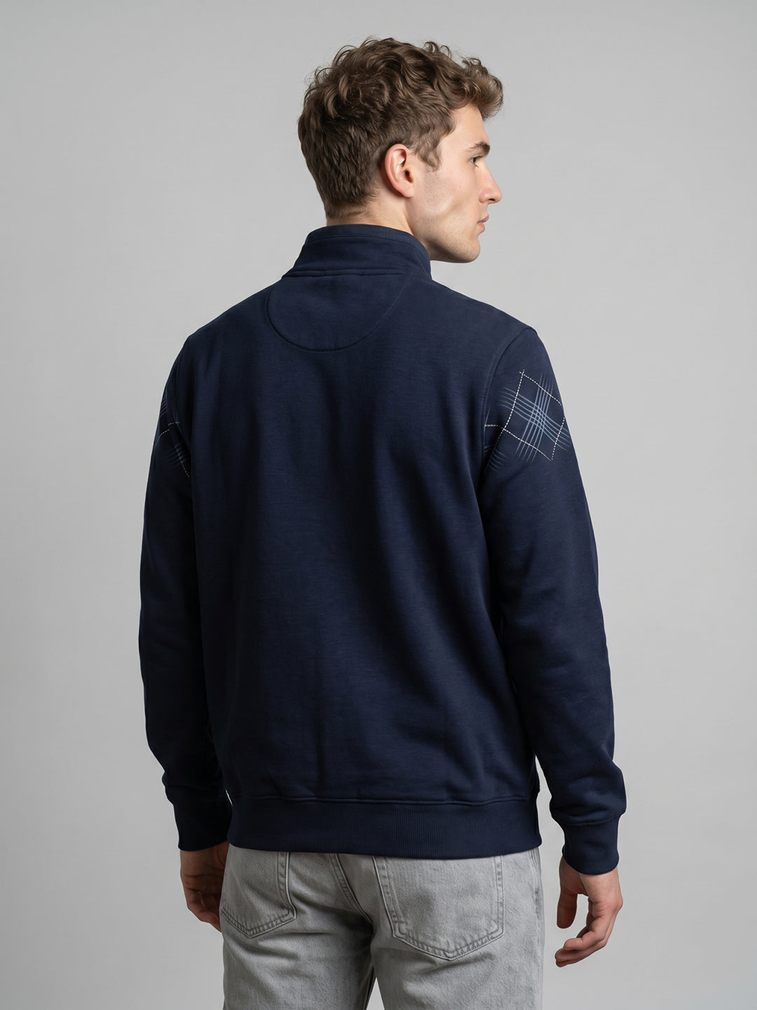 Men Blue Printed Stand Collar Full Sleeve Sweatshirt