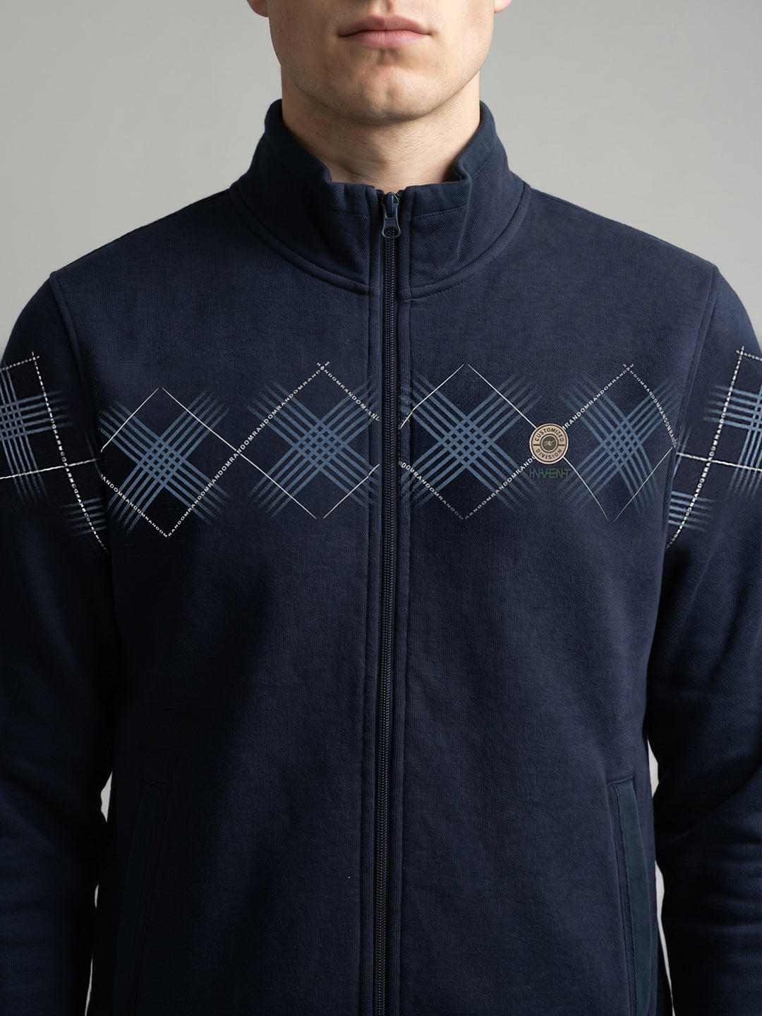 Men Blue Printed Stand Collar Full Sleeve Sweatshirt