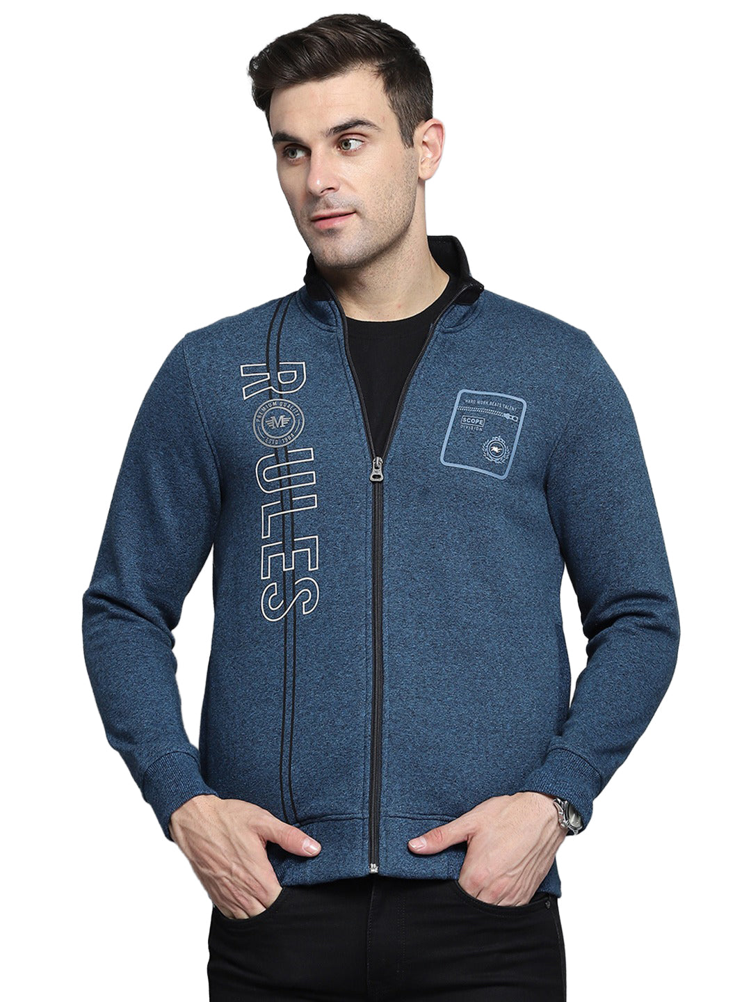 Men Blue Printed Turtle Neck Full Sleeve Sweatshirt
