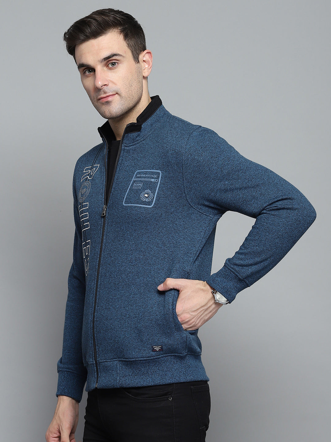 Men Blue Printed Turtle Neck Full Sleeve Sweatshirt