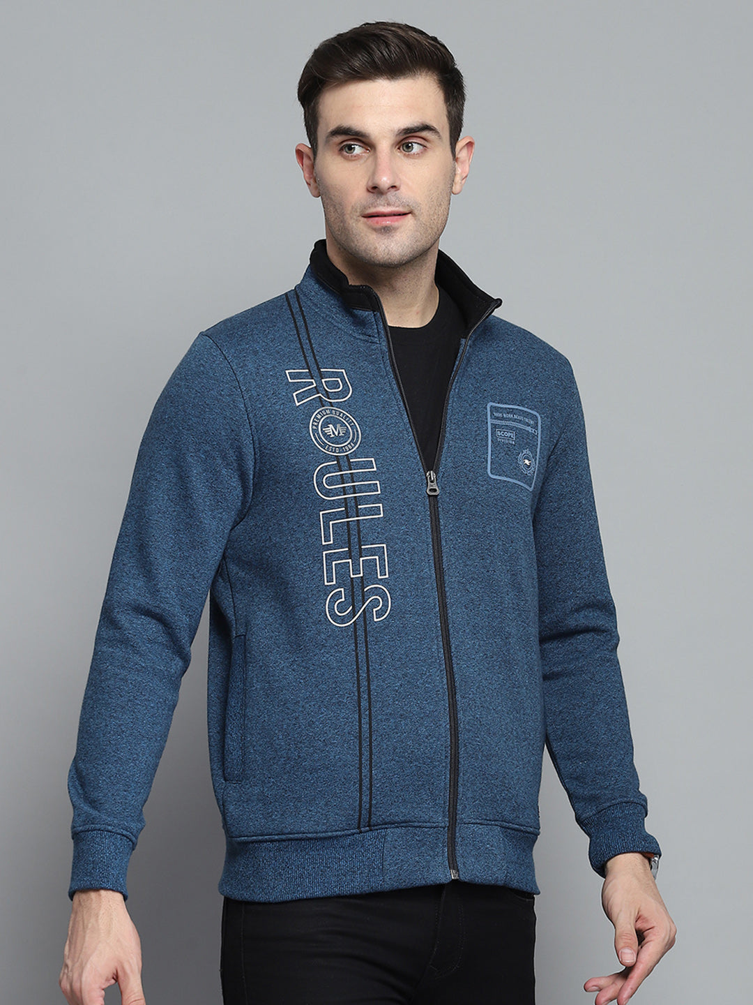 Men Blue Printed Turtle Neck Full Sleeve Sweatshirt