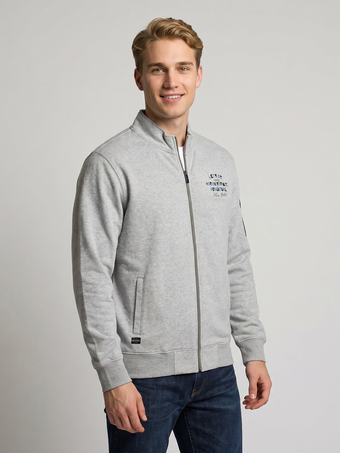 Men Grey Back Printed Collar Full Sleeve Sweatshirt