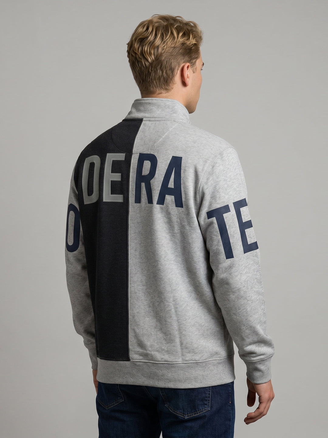 Men Grey Back Printed Collar Full Sleeve Sweatshirt