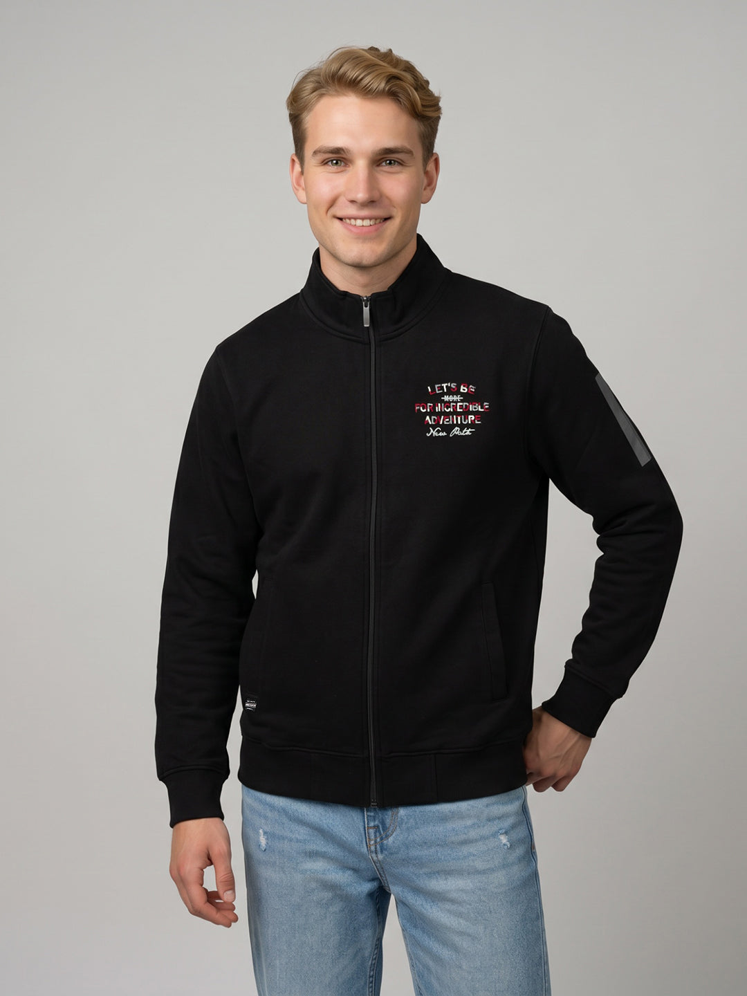 Men Black Back Printed Collar Full Sleeve Sweatshirt