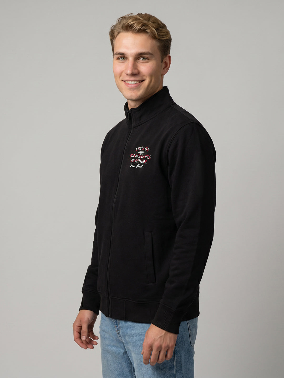 Men Black Back Printed Collar Full Sleeve Sweatshirt