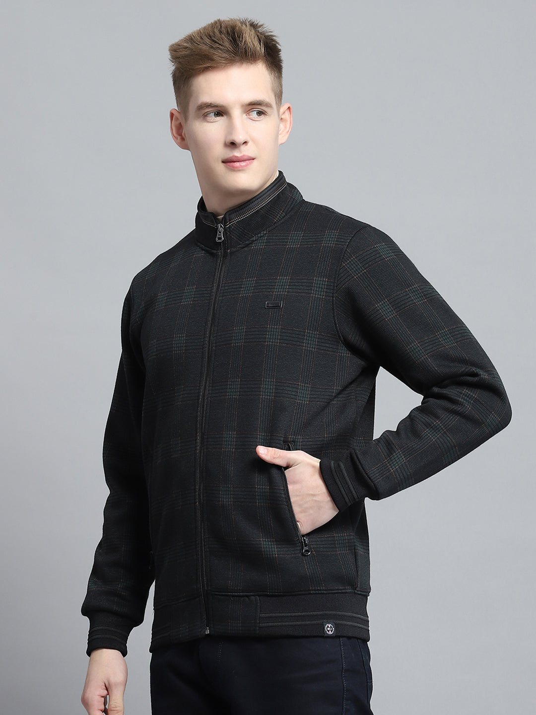 Men Black Self Design Round Neck Full Sleeve Sweatshirt