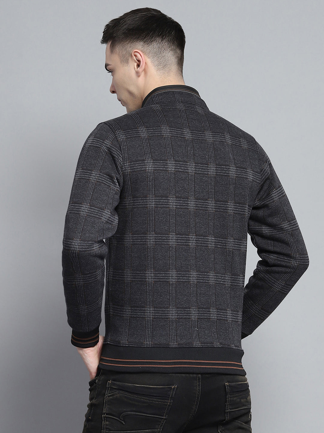 Men Black Self Design Mock Neck Full Sleeve Sweatshirt