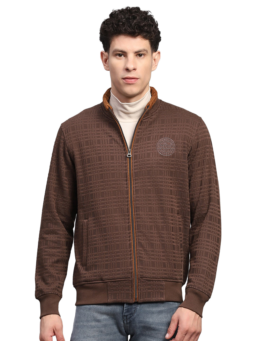 Men Brown Printed Turtle Neck Full Sleeve Sweatshirt
