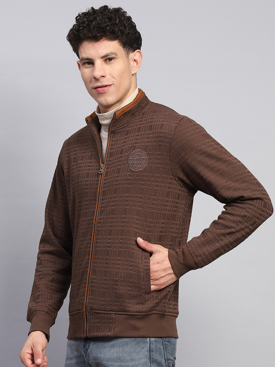 Men Brown Printed Turtle Neck Full Sleeve Sweatshirt
