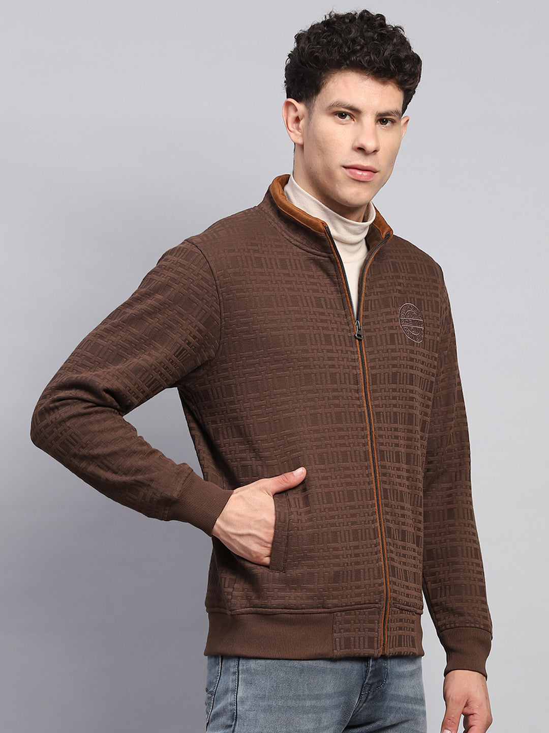 Men Brown Printed Turtle Neck Full Sleeve Sweatshirt