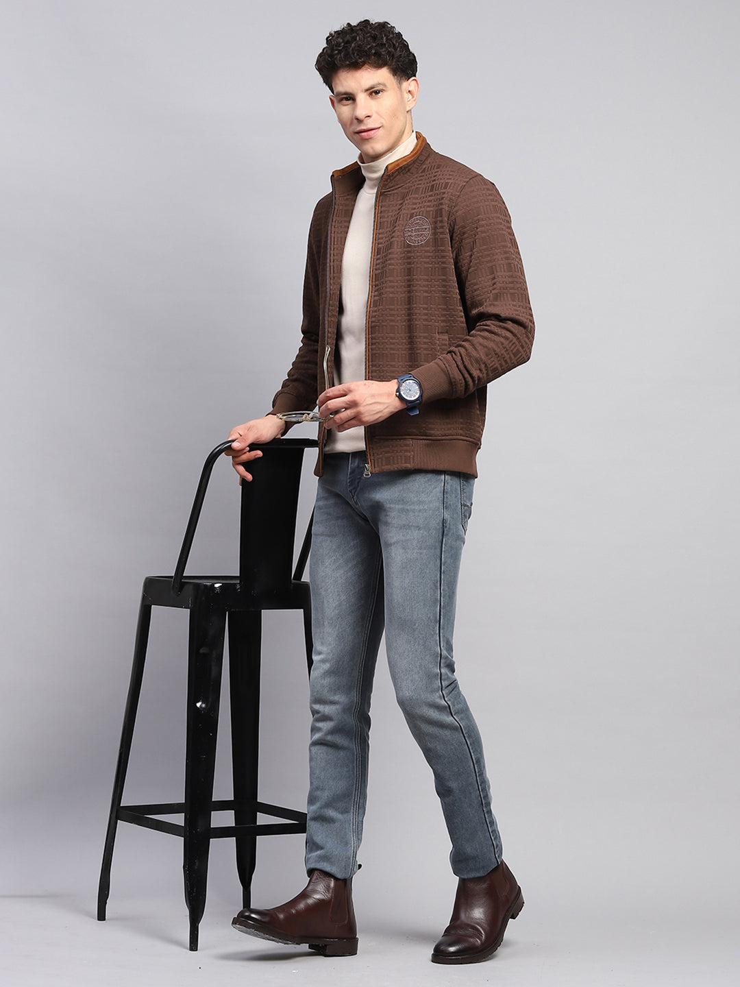 Men Brown Printed Turtle Neck Full Sleeve Sweatshirt