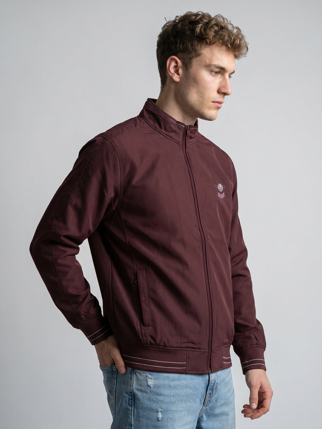 Men Maroon Solid Turtle Neck Full Sleeve Bomber Jacket