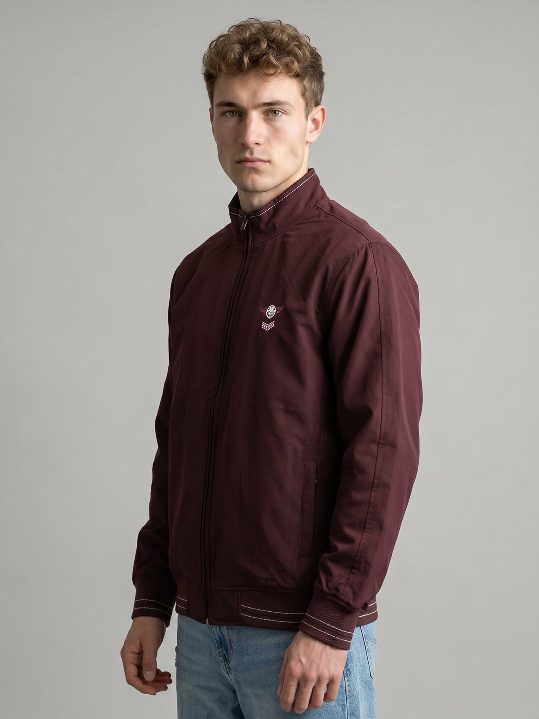 Men Maroon Solid Turtle Neck Full Sleeve Bomber Jacket