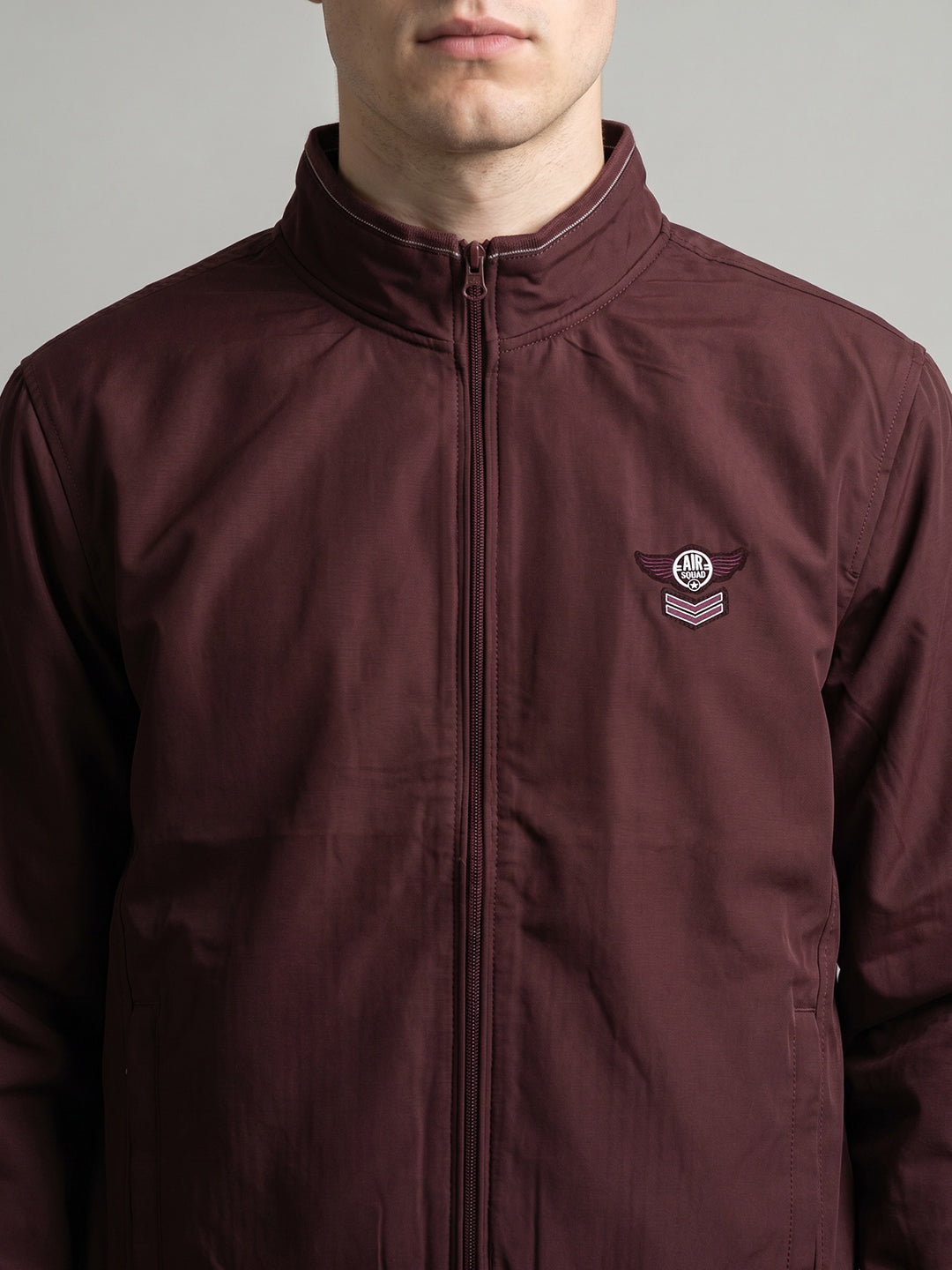 Men Maroon Solid Turtle Neck Full Sleeve Bomber Jacket