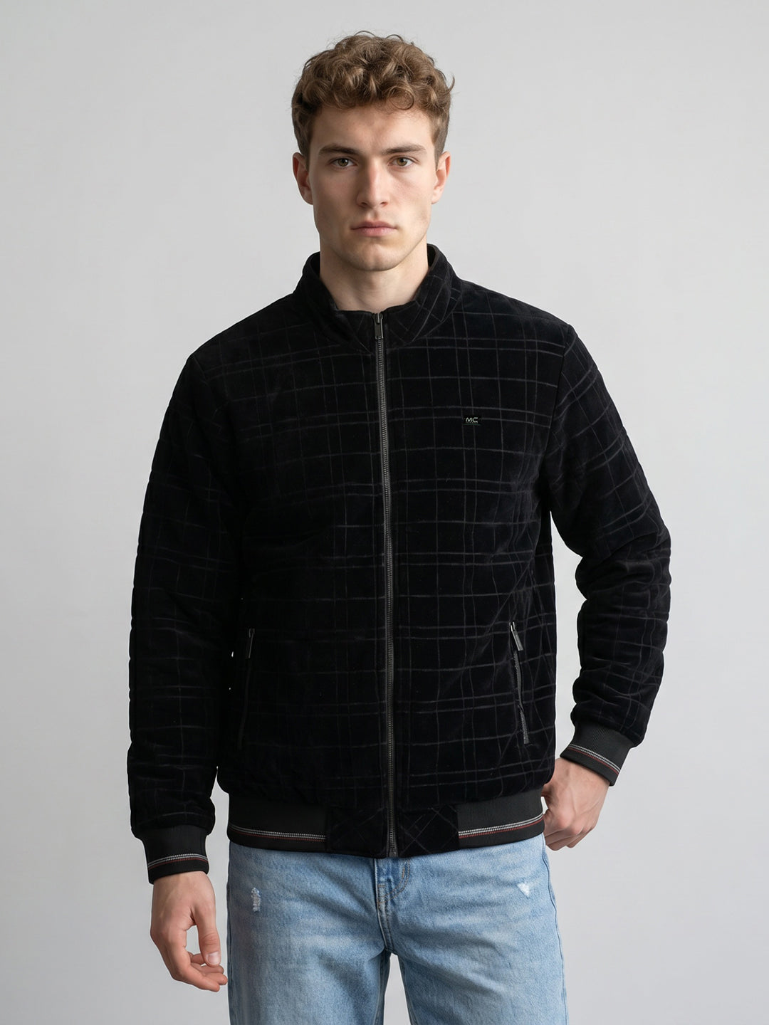 Men Black Check Hooded Full Sleeve Jacket