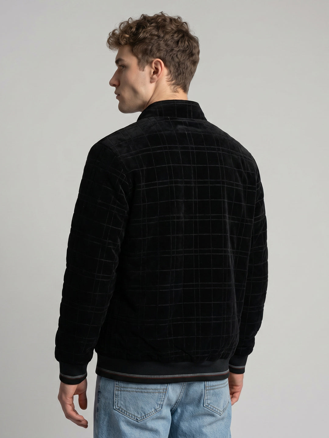 Men Black Check Hooded Full Sleeve Jacket