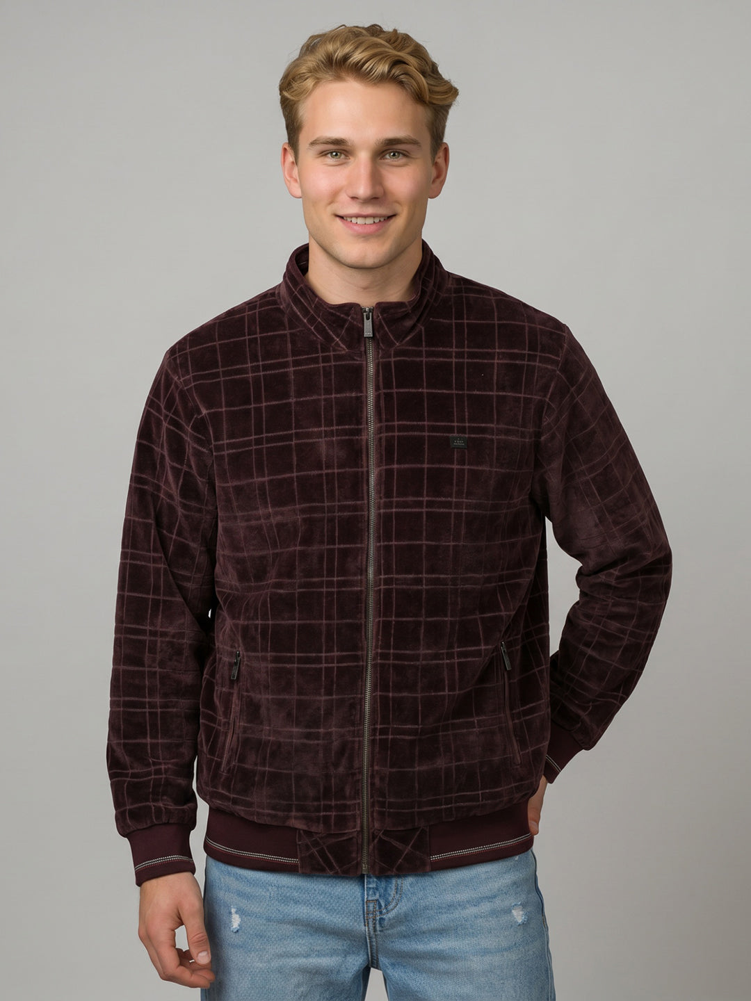 Men Maroon Check Hooded Full Sleeve Knitted Jacket