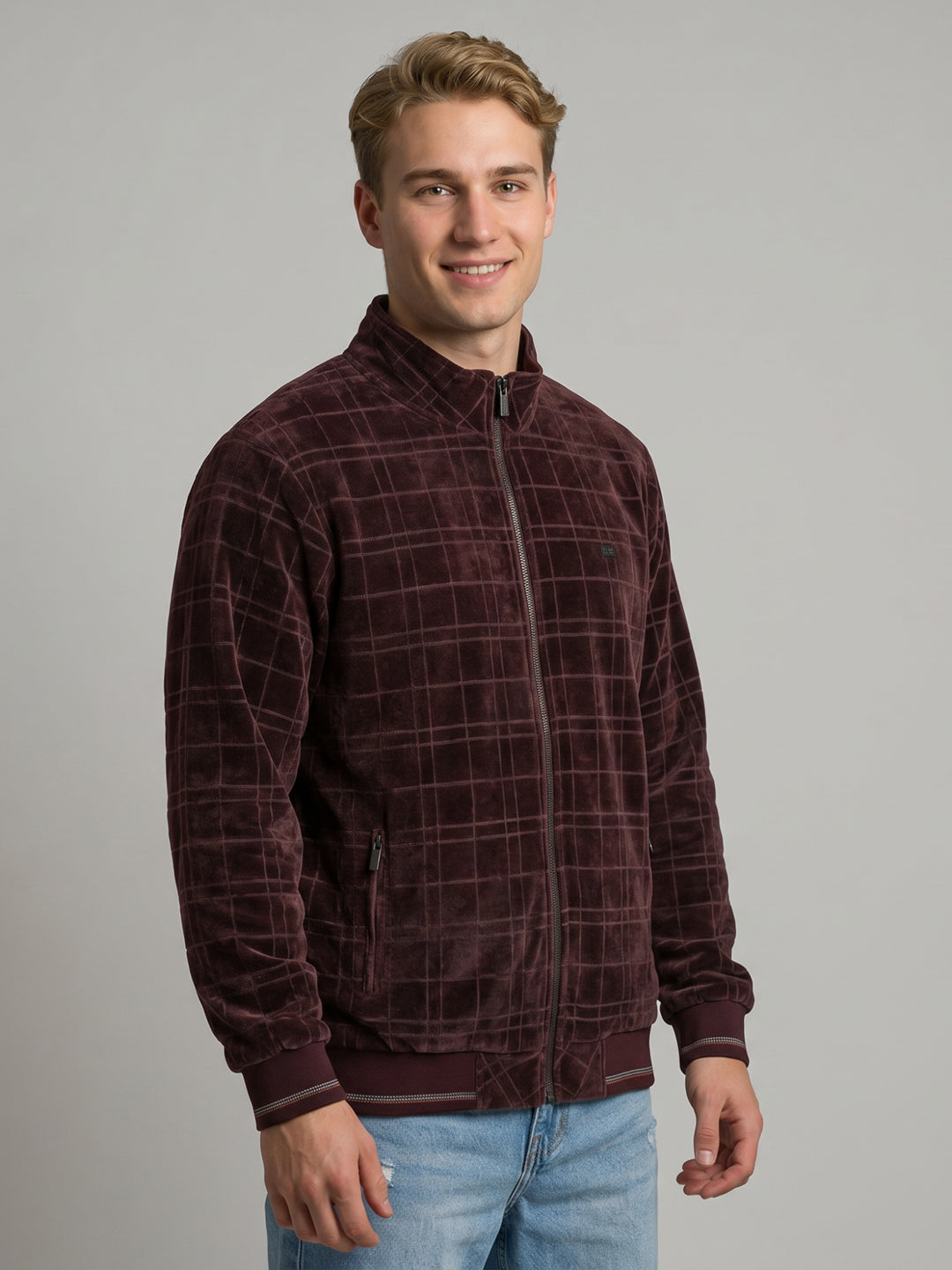 Men Maroon Check Hooded Full Sleeve Knitted Jacket